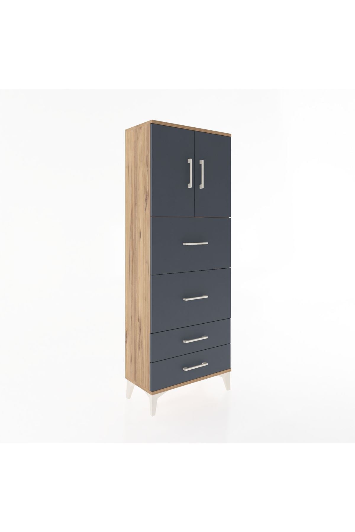 Arges Dolap 2 Raflı 4 Çekmeceli 2 Kapaklı 60x30x163 Çam-Antrasit