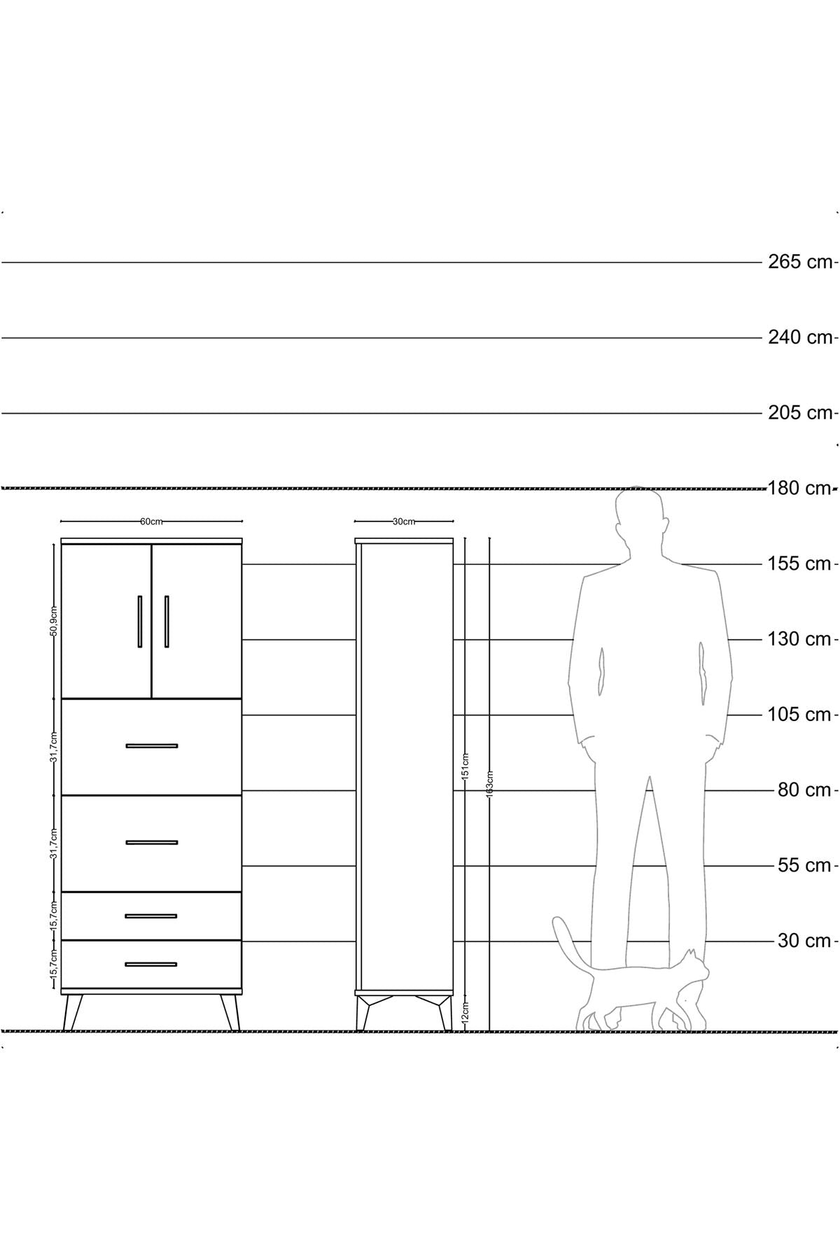 Arges Dolap 2 Raflı 4 Çekmeceli 2 Kapaklı 60x30x163 Çam-Antrasit