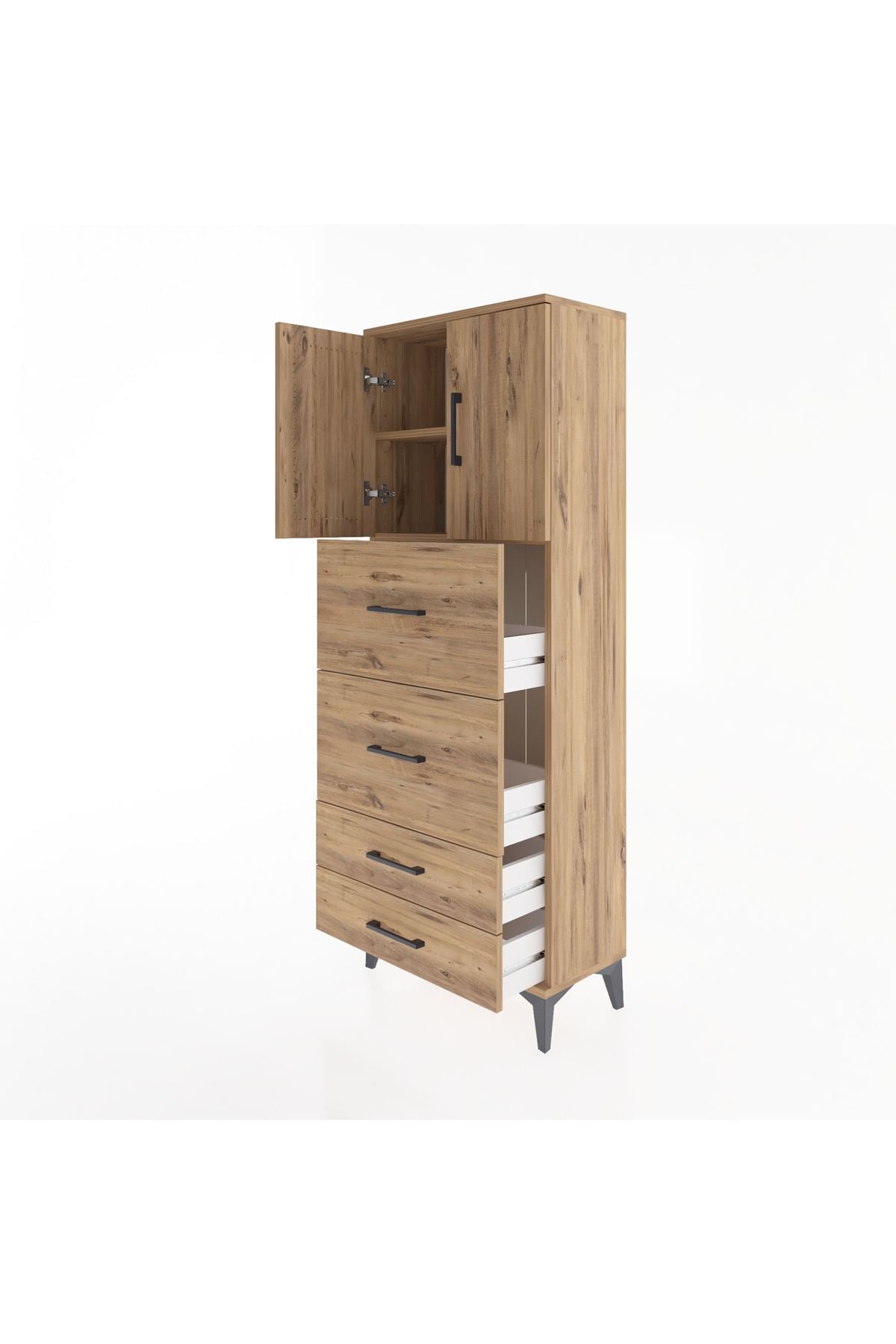 Arges Dolap 2 Raflı 4 Çekmeceli 2 Kapaklı 60x30x163 Çam-Çam