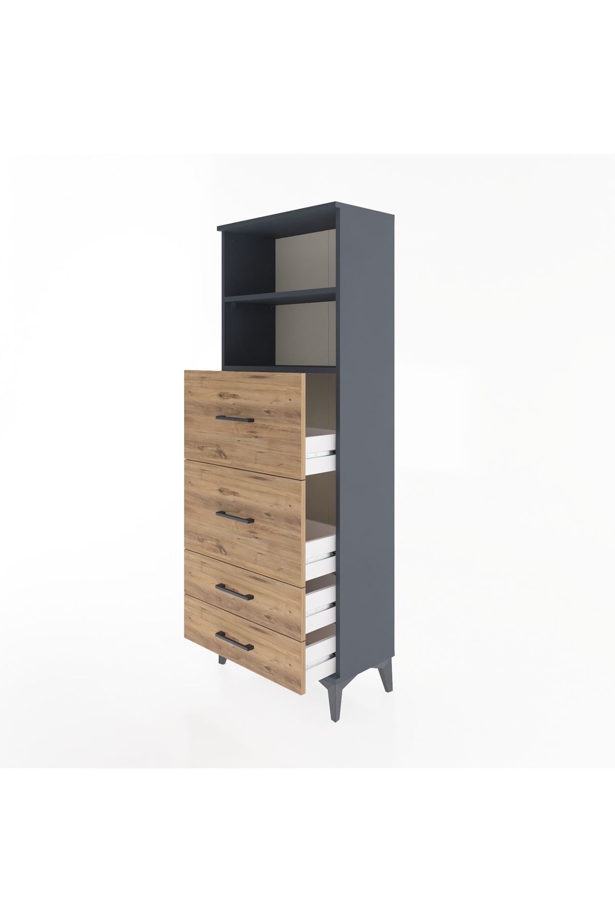 Arges Dolap 2 Raflı 4 Çekmeceli 60x30x163 Antrasit-Çam