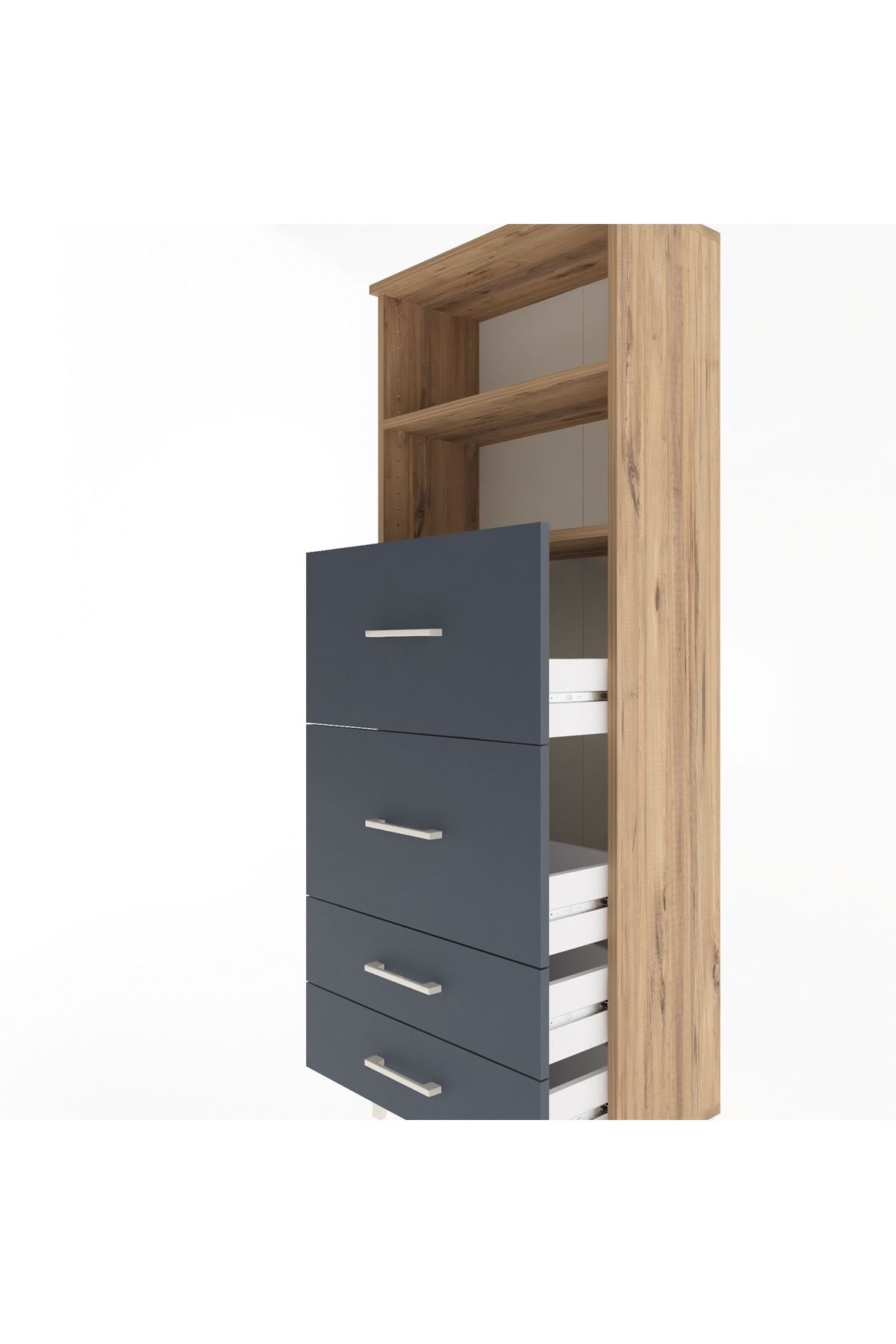 Arges Dolap 2 Raflı 4 Çekmeceli 60x30x163 Çam-Antrasit