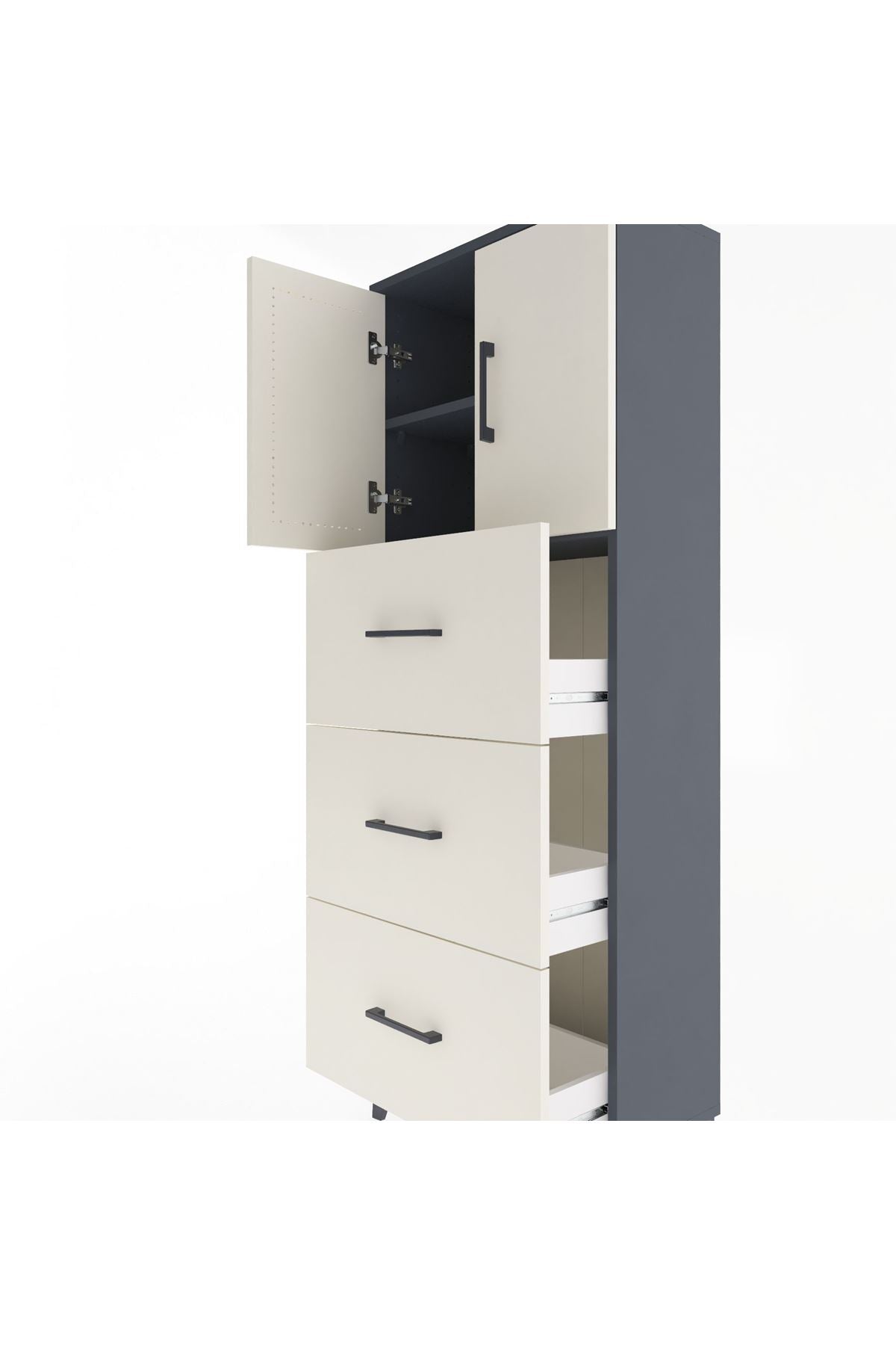 Arges Dolap 2 Raflı 3 Çekmeceli 2 Kapaklı 60x30x163 Antrasit-Aytaşı