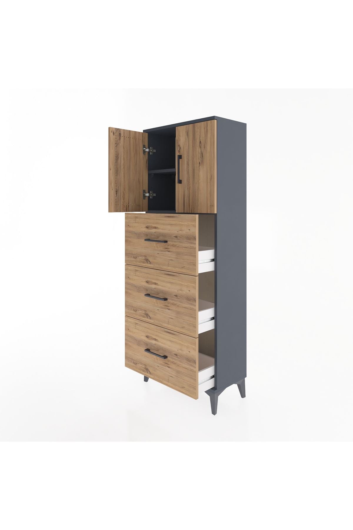 Arges Dolap 2 Raflı 3 Çekmeceli 2 Kapaklı 60x30x163 Antrasit-Çam