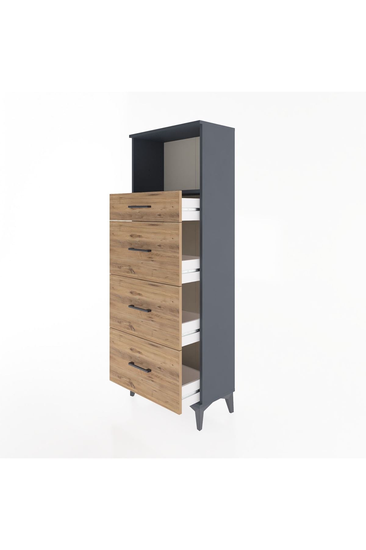 Arges Dolap Tek Raflı 4 Çekmeceli 60x30x163 Antrasit-Çam