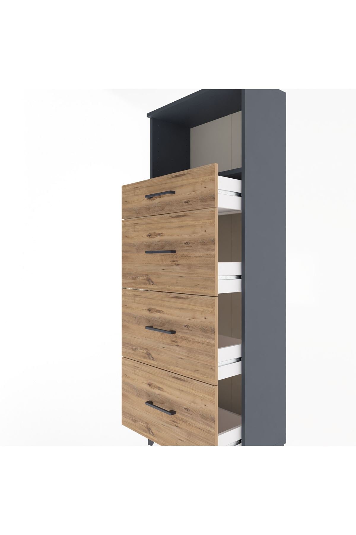 Arges Dolap Tek Raflı 4 Çekmeceli 60x30x163 Antrasit-Çam