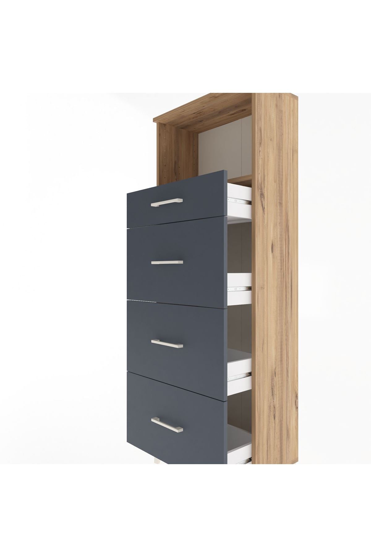 Arges Dolap Tek Raflı 4 Çekmeceli 60x30x163 Çam-Antrasit