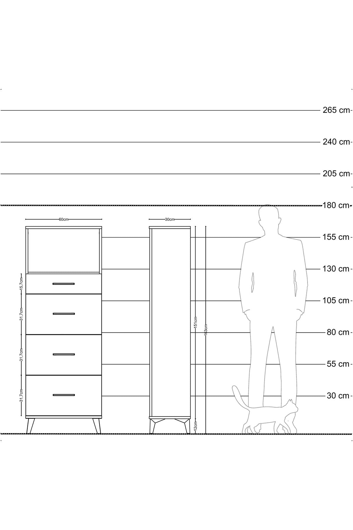 Arges Dolap Tek Raflı 4 Çekmeceli 60x30x163 Çam-Antrasit