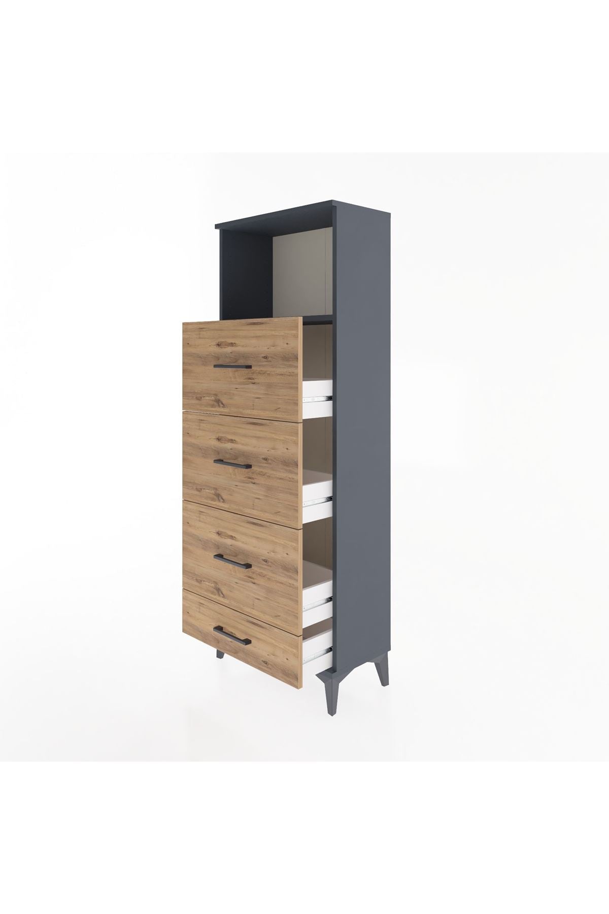 Arges Dolap Tek Raflı 4 Çekmeceli 60x30x163 Antrasit-Çam