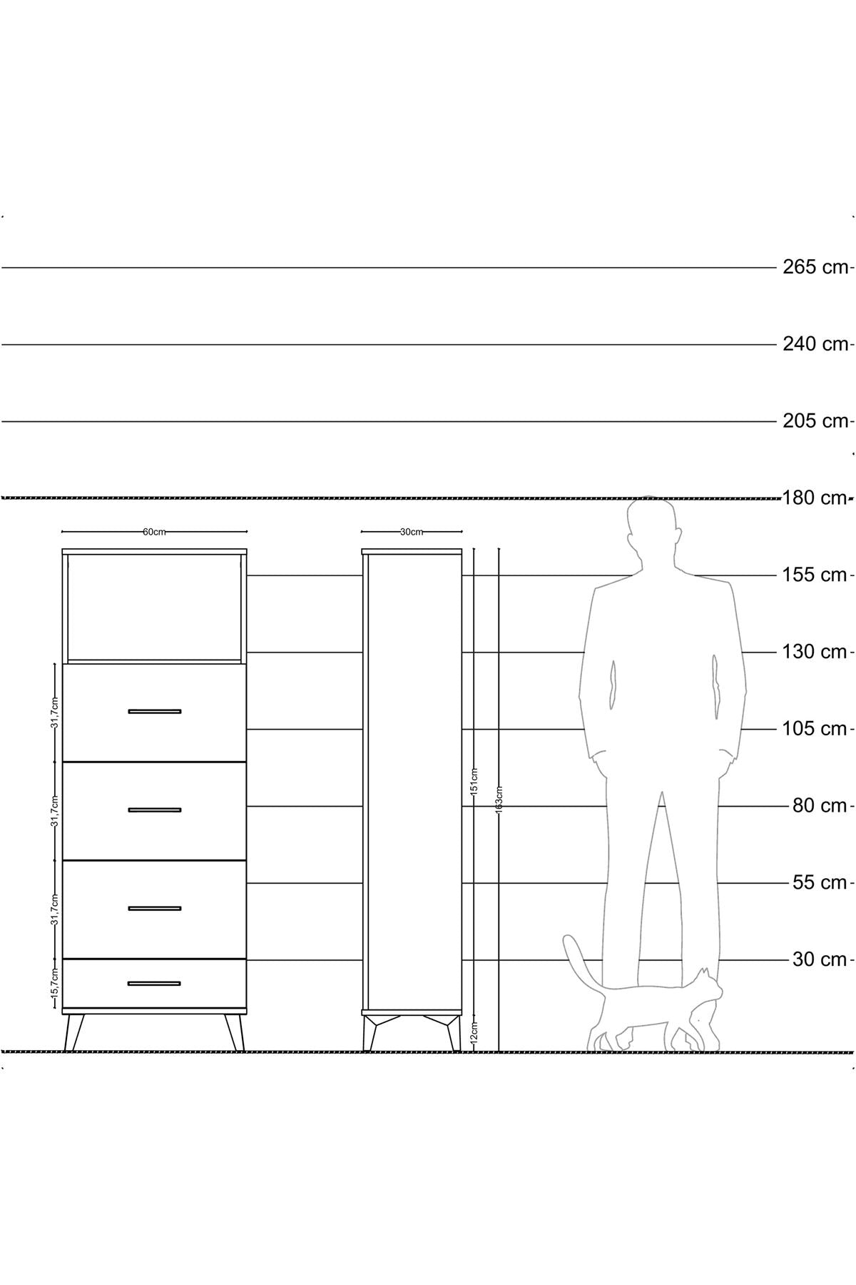 Arges Dolap Tek Raflı 4 Çekmeceli 60x30x163 Antrasit-Çam