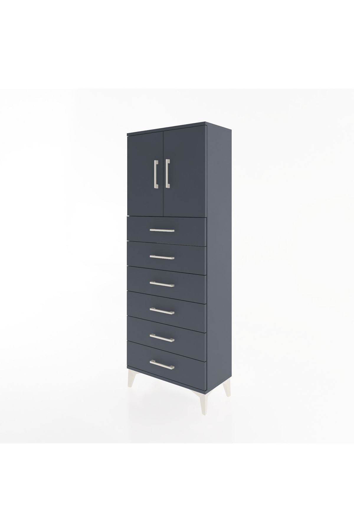 Arges Dolap 2 Raflı 6 Çekmeceli 2 Kapaklı 60x30x163 Antrasit-Antrasit