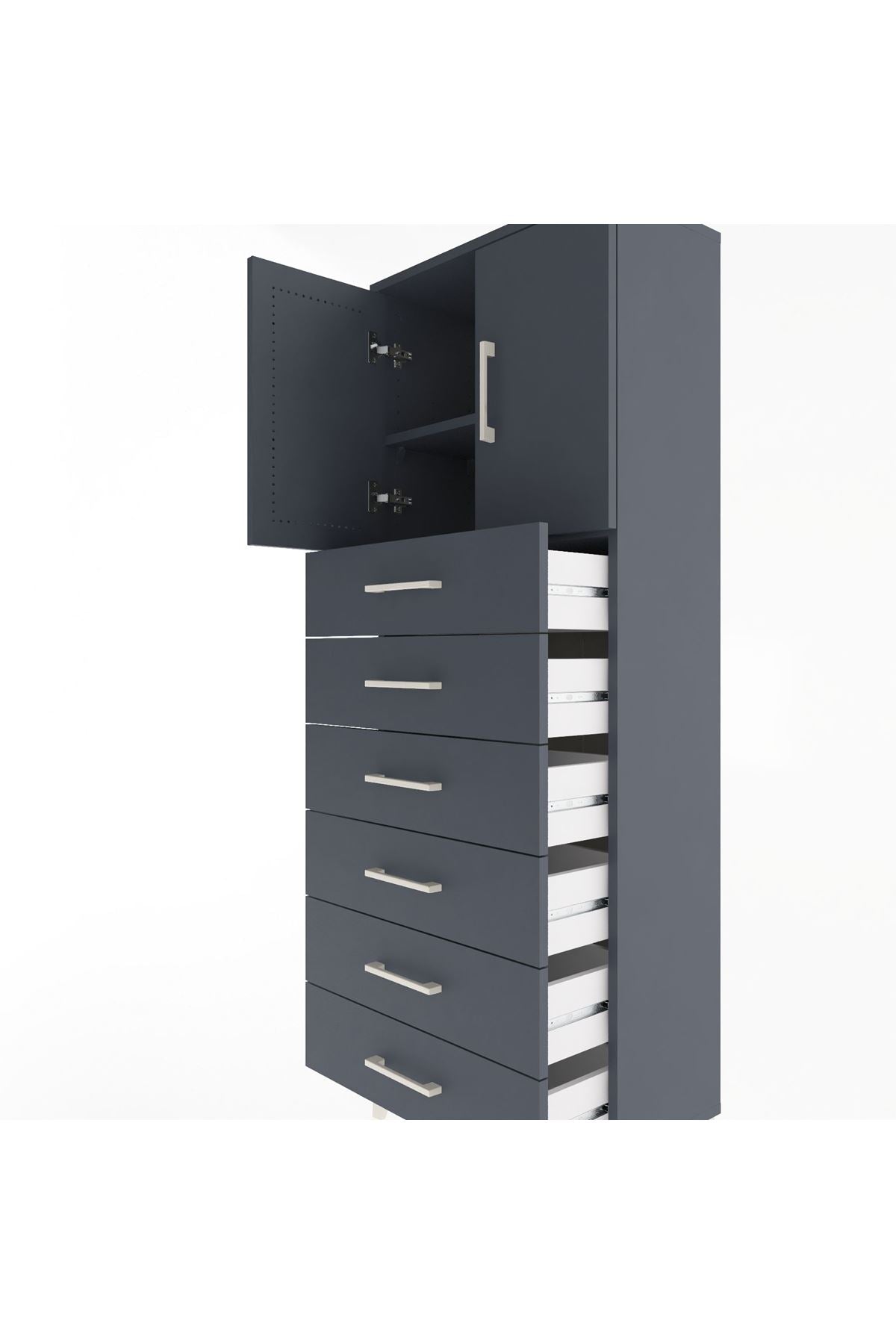 Arges Dolap 2 Raflı 6 Çekmeceli 2 Kapaklı 60x30x163 Antrasit-Antrasit