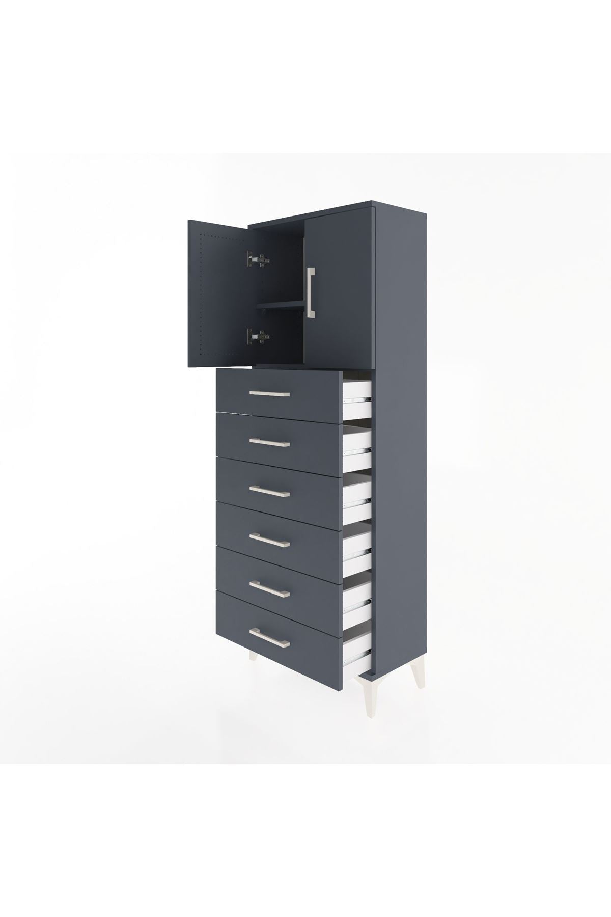 Arges Dolap 2 Raflı 6 Çekmeceli 2 Kapaklı 60x30x163 Antrasit-Antrasit