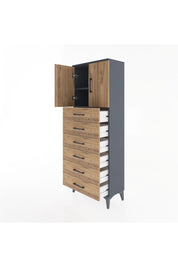 Arges Dolap 2 Raflı 6 Çekmeceli 2 Kapaklı 60x30x163 Antrasit-Çam