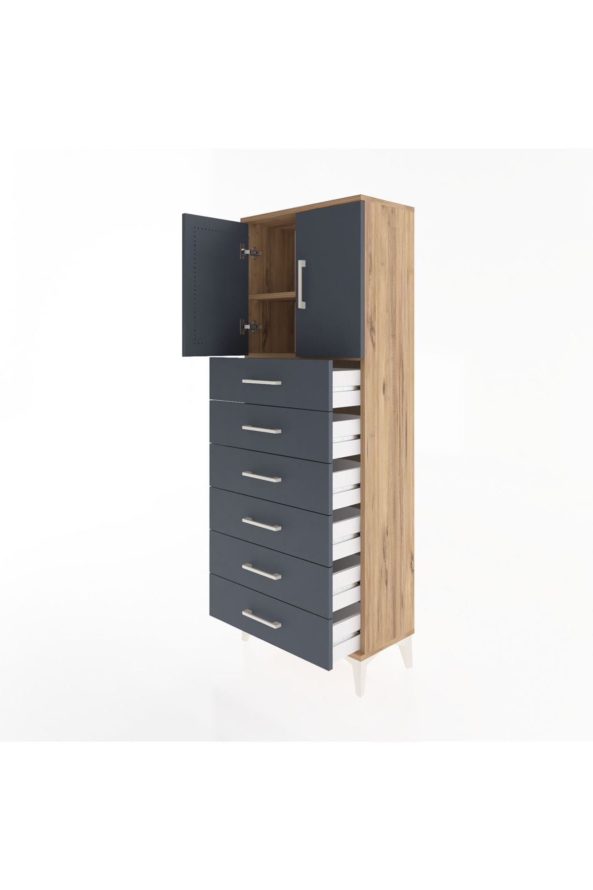 Arges Dolap 2 Raflı 6 Çekmeceli 2 Kapaklı 60x30x163 Çam-Antrasit