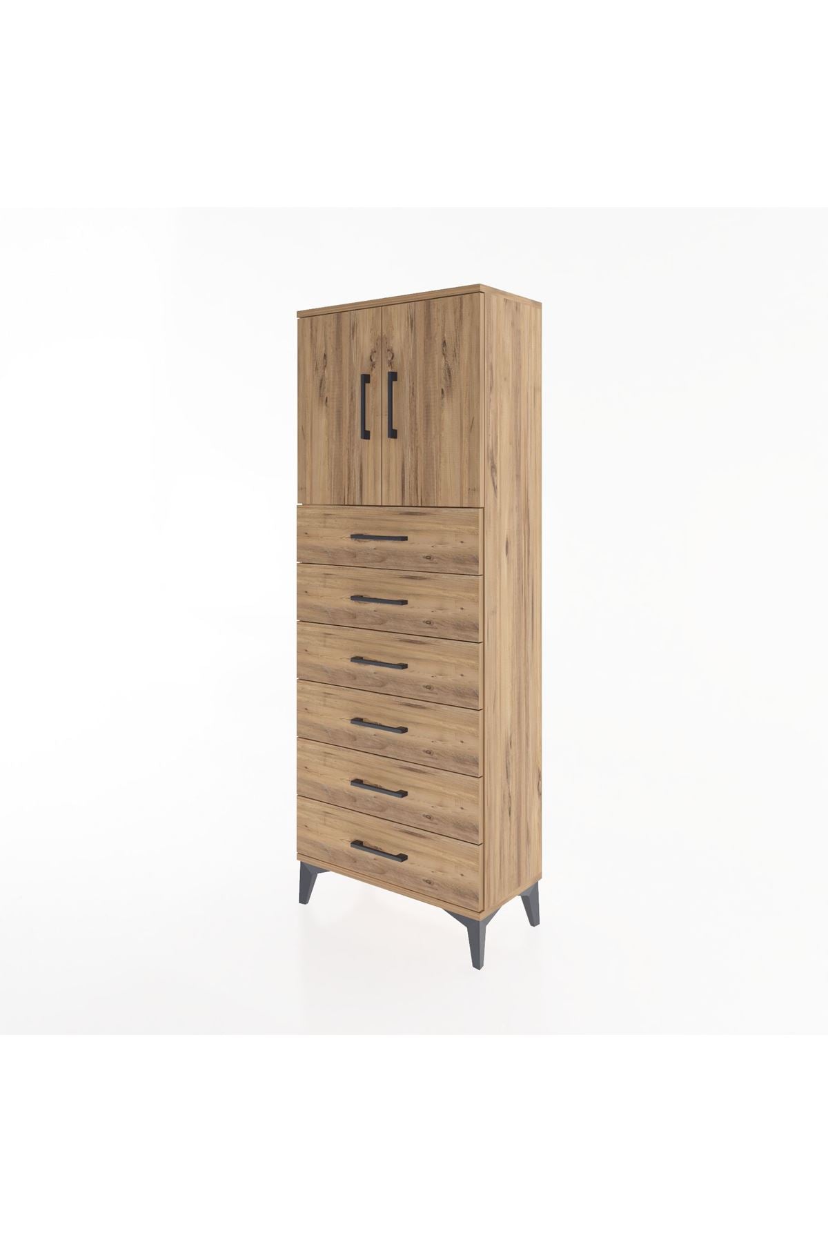 Arges Dolap 2 Raflı 6 Çekmeceli 2 Kapaklı 60x30x163 Çam-Çam