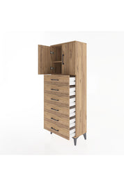 Arges Dolap 2 Raflı 6 Çekmeceli 2 Kapaklı 60x30x163 Çam-Çam