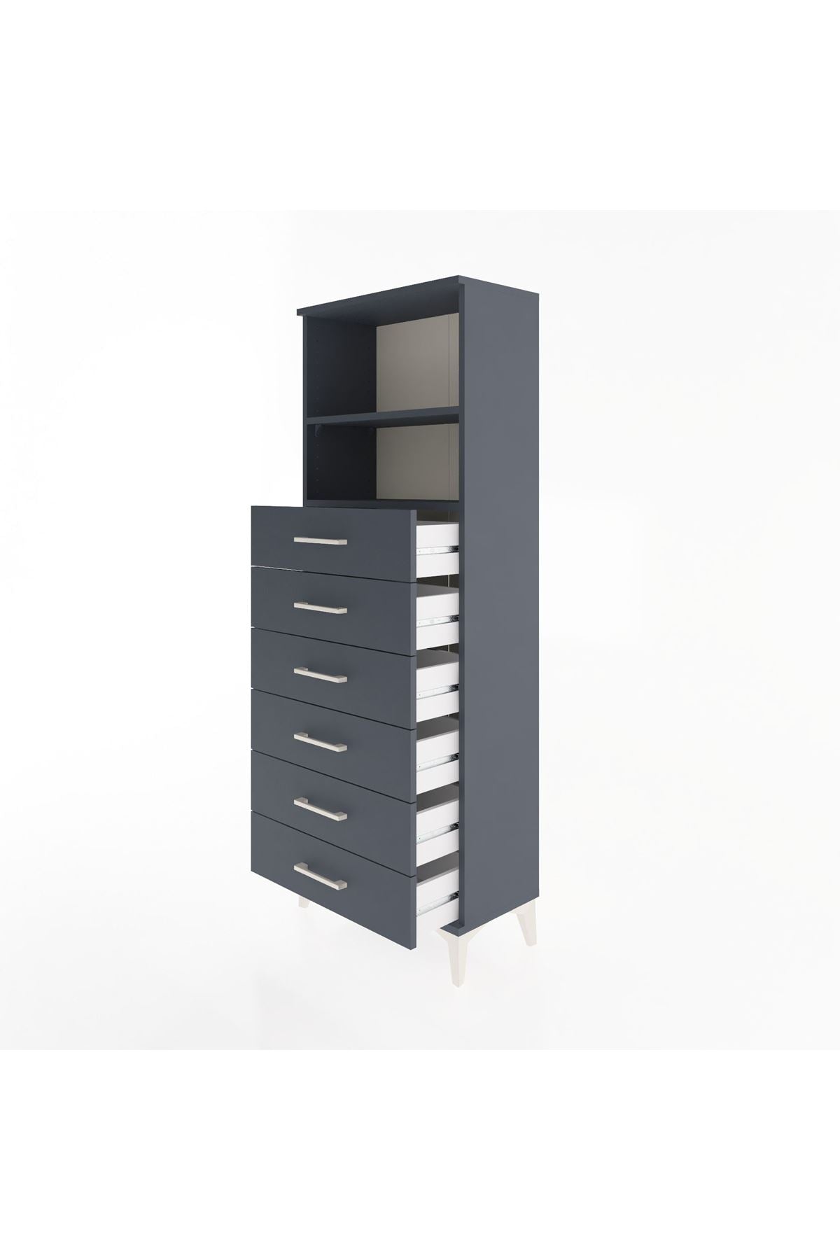 Arges Dolap 2 Raflı 6 Çekmeceli 60x30x163 Antrasit-Antrasit