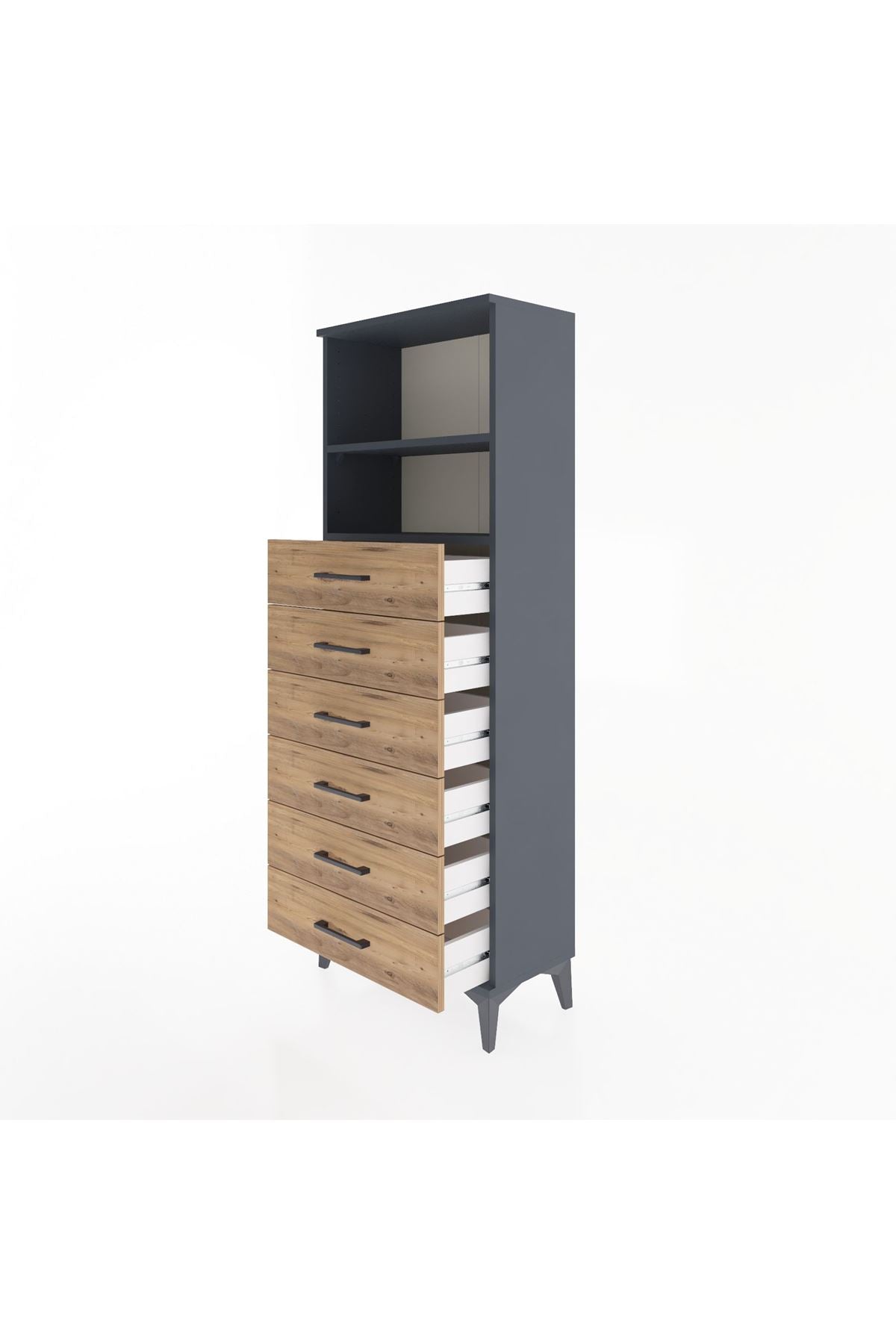 Arges Dolap 2 Raflı 6 Çekmeceli 60x30x163 Antrasit-Çam