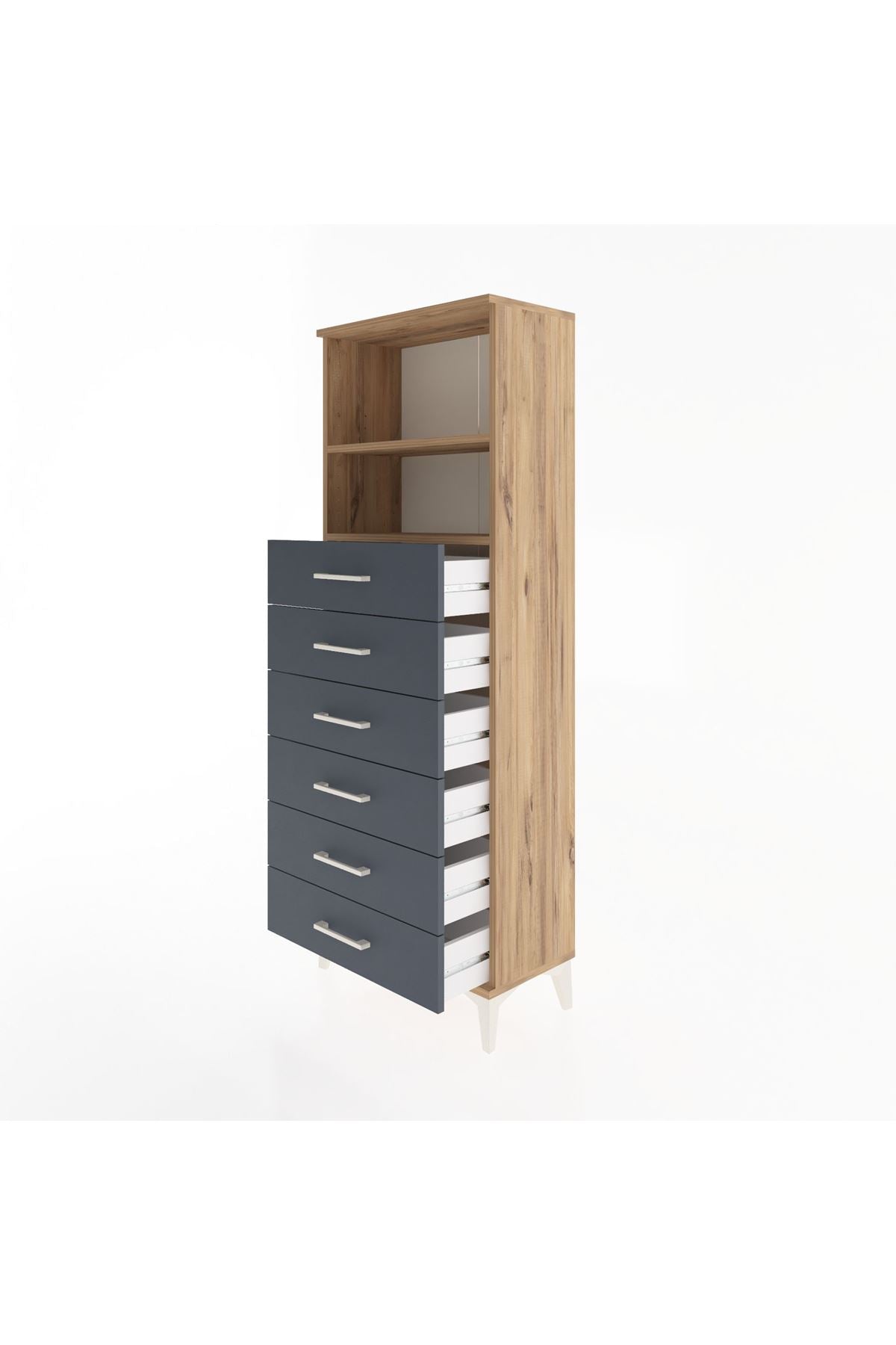 Arges Dolap 2 Raflı 6 Çekmeceli 60x30x163 Çam-Antrasit