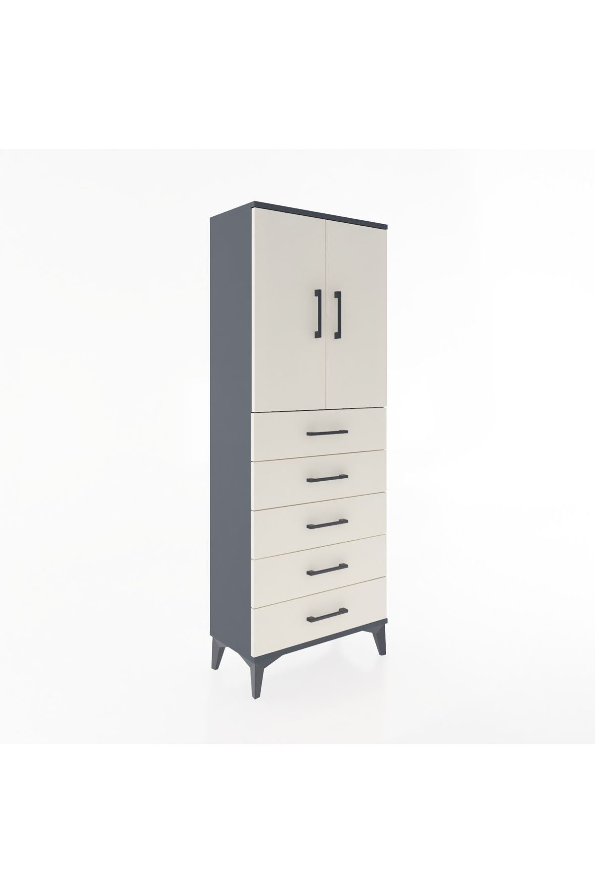 Arges Dolap 2 Raflı 5 Çekmeceli 2 Kapaklı 60x30x163 Antrasit-Aytaşı