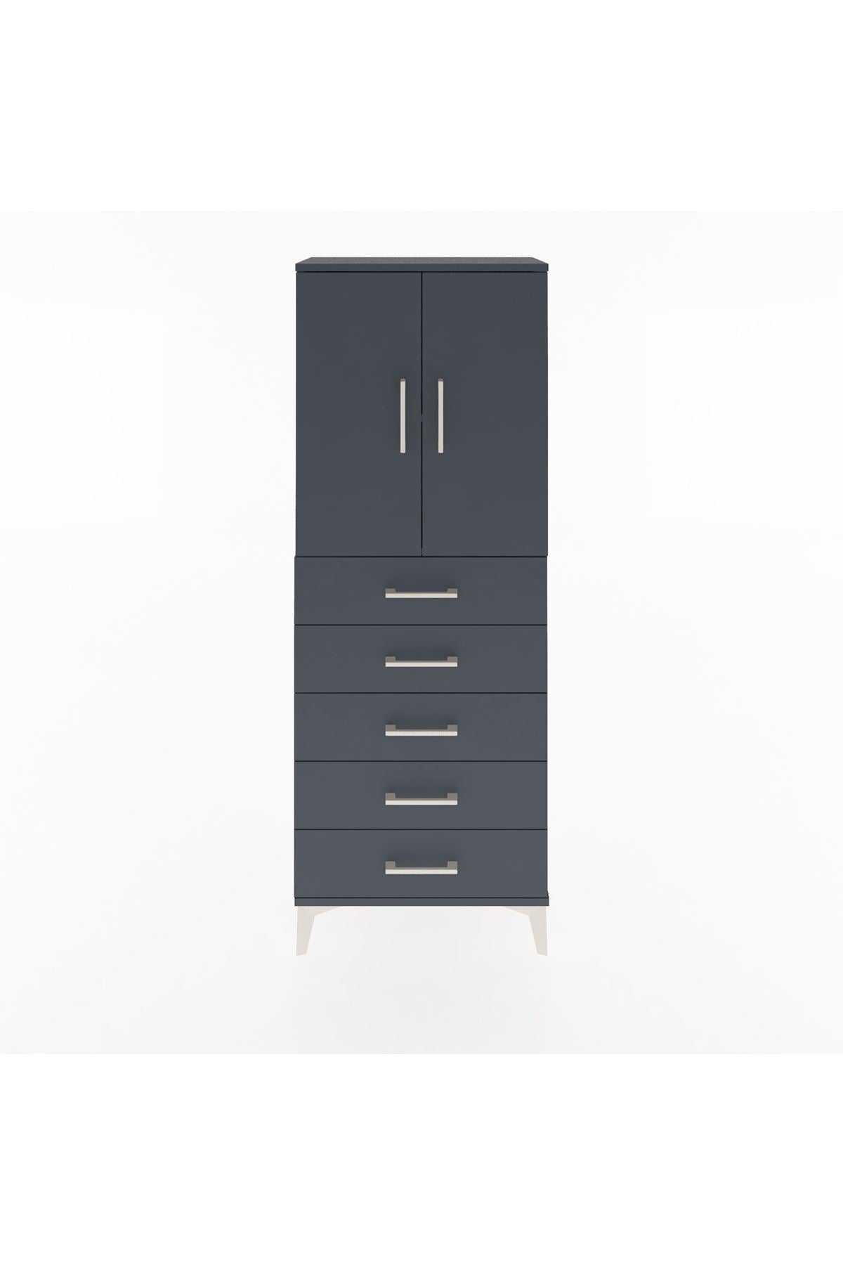 Arges Dolap 2 Raflı 5 Çekmeceli 2 Kapaklı 60x30x163 Antrasit-Antrasit