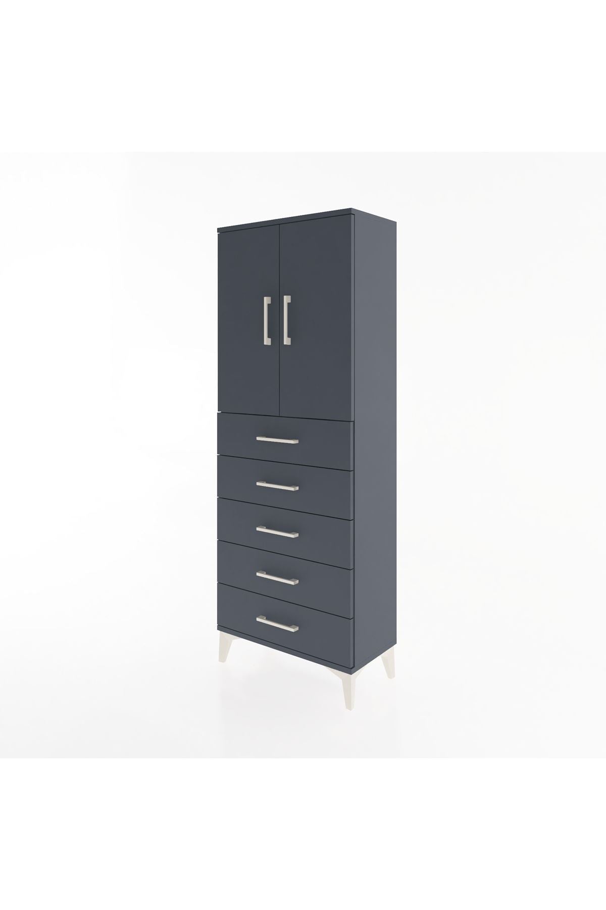 Arges Dolap 2 Raflı 5 Çekmeceli 2 Kapaklı 60x30x163 Antrasit-Antrasit