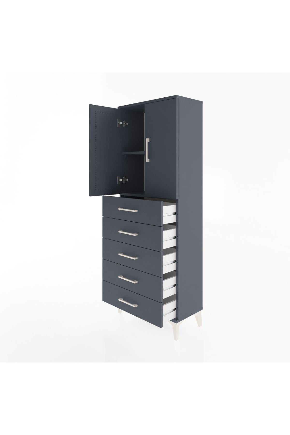 Arges Dolap 2 Raflı 5 Çekmeceli 2 Kapaklı 60x30x163 Antrasit-Antrasit