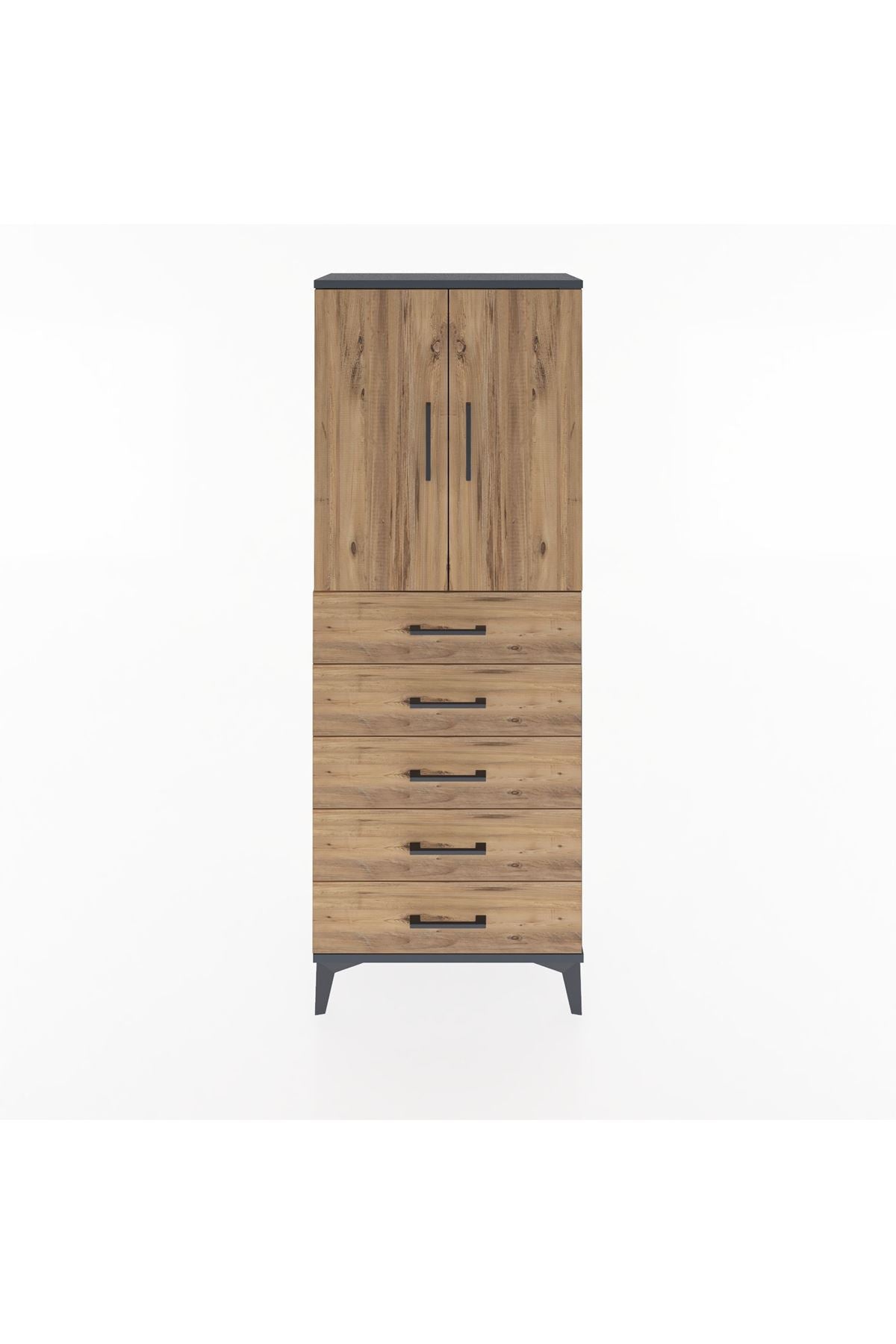 Arges Dolap 2 Raflı 5 Çekmeceli 2 Kapaklı 60x30x163 Antrasit-Çam