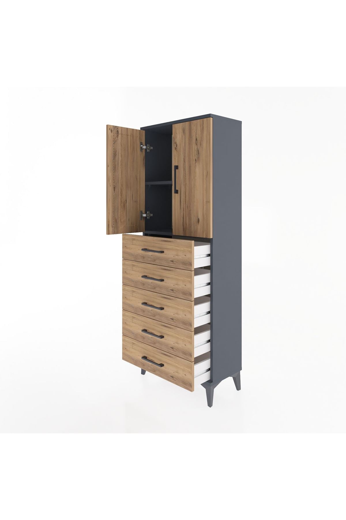Arges Dolap 2 Raflı 5 Çekmeceli 2 Kapaklı 60x30x163 Antrasit-Çam