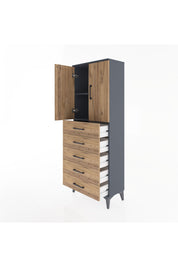 Arges Dolap 2 Raflı 5 Çekmeceli 2 Kapaklı 60x30x163 Antrasit-Çam