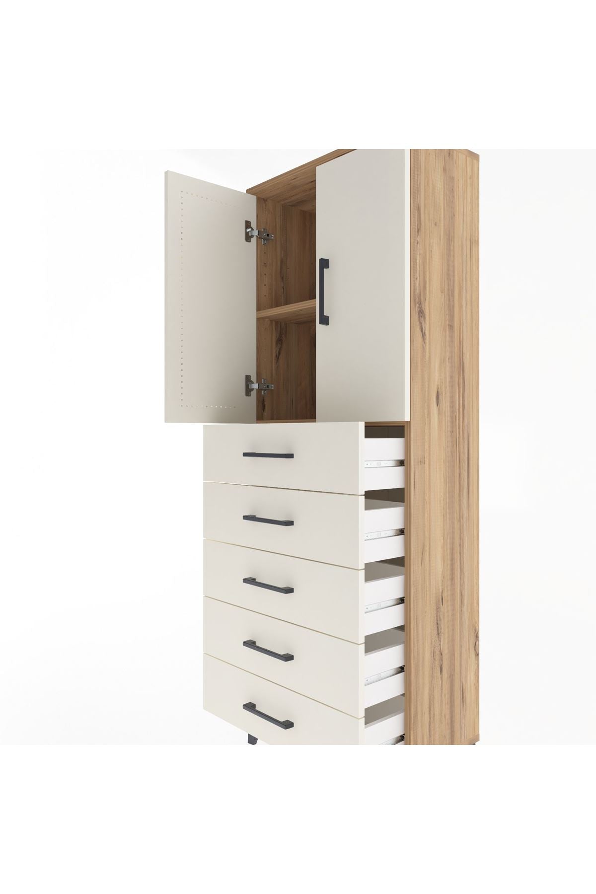 Arges Dolap 2 Raflı 5 Çekmeceli 2 Kapaklı 60x30x163 Çam-Aytaşı