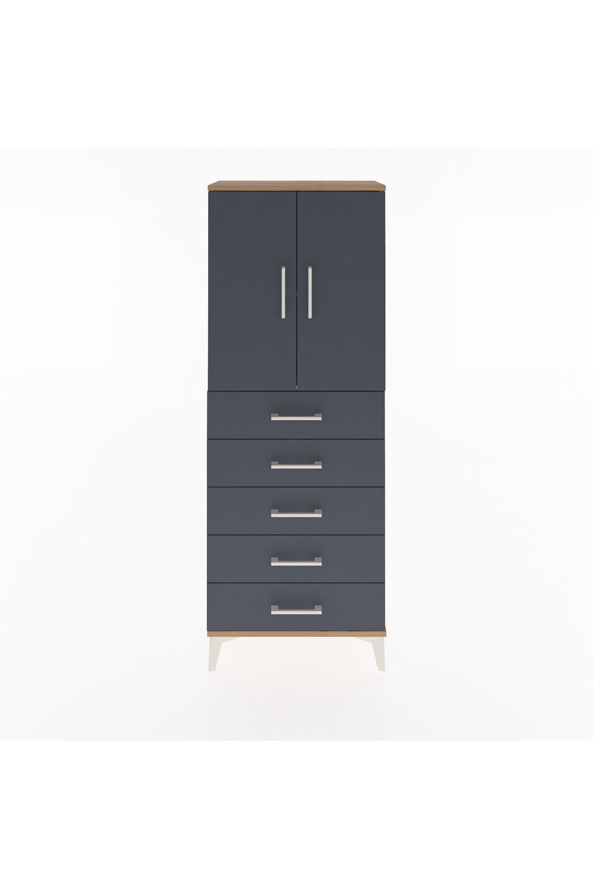 Arges Dolap 2 Raflı 5 Çekmeceli 2 Kapaklı 60x30x163 Çam-Antrasit