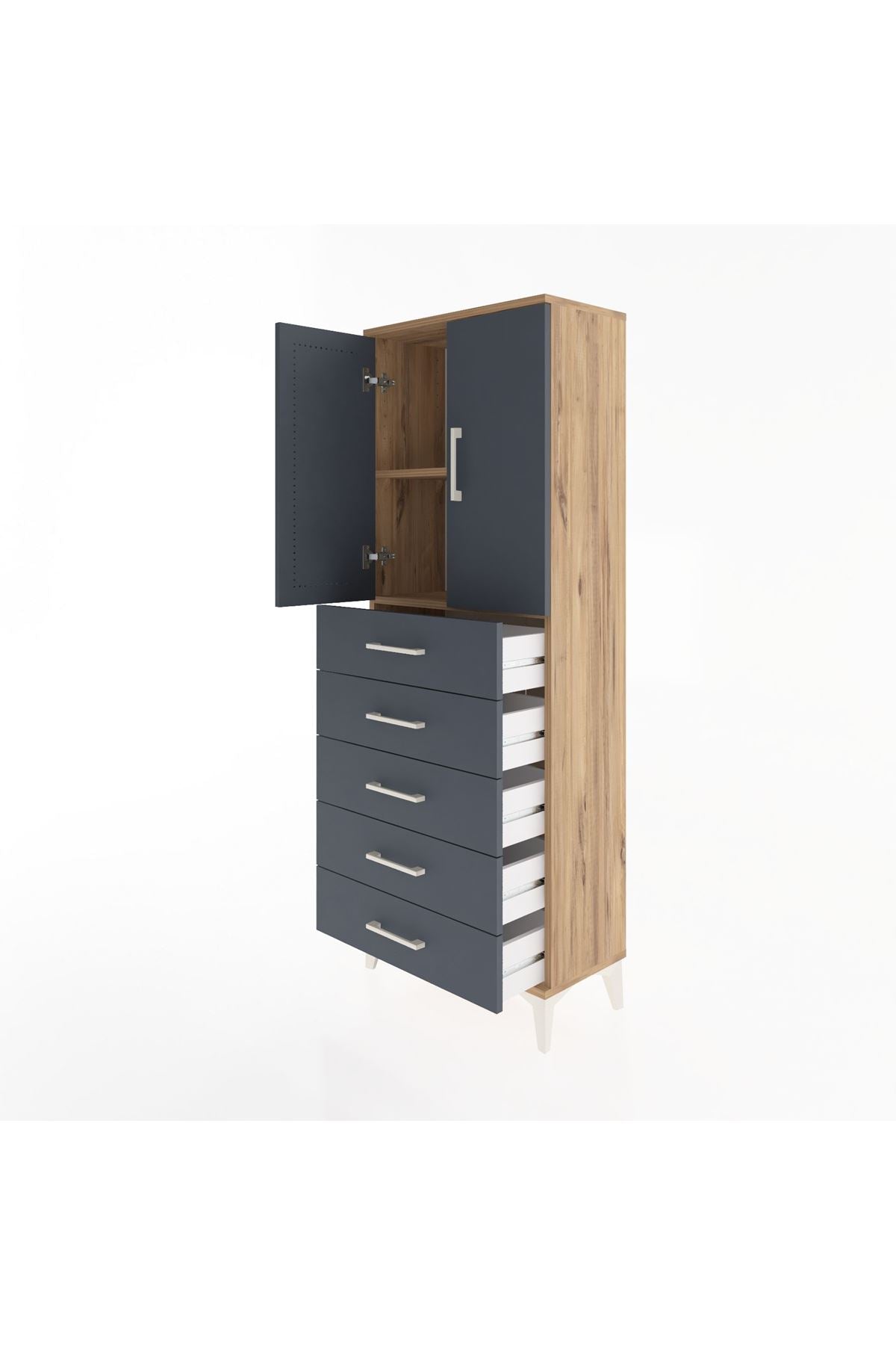 Arges Dolap 2 Raflı 5 Çekmeceli 2 Kapaklı 60x30x163 Çam-Antrasit