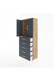 Arges Dolap 2 Raflı 5 Çekmeceli 2 Kapaklı 60x30x163 Çam-Antrasit