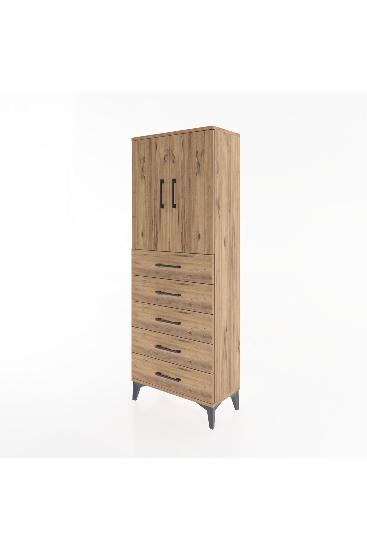 Arges Dolap 2 Raflı 5 Çekmeceli 2 Kapaklı 60x30x163 Çam-Çam