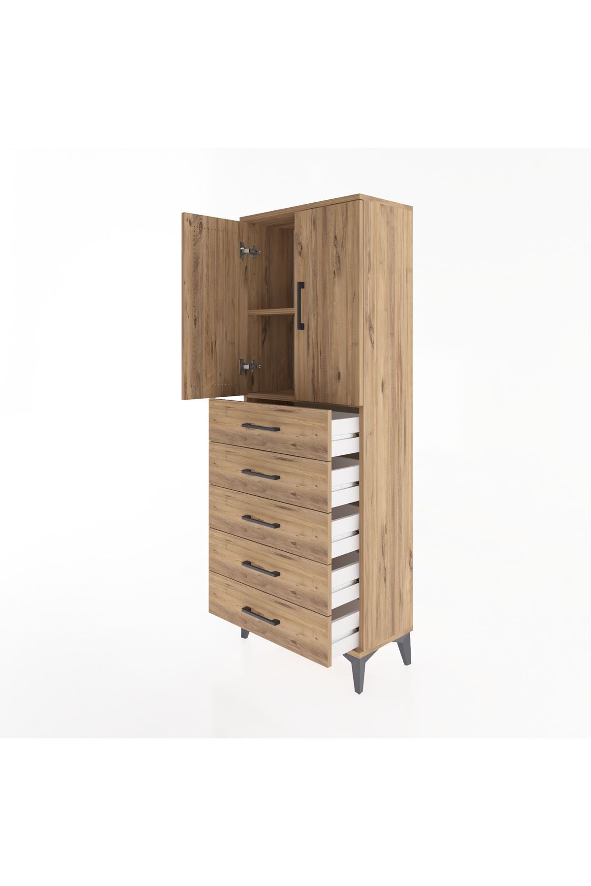 Arges Dolap 2 Raflı 5 Çekmeceli 2 Kapaklı 60x30x163 Çam-Çam
