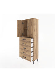 Arges Dolap 2 Raflı 5 Çekmeceli 2 Kapaklı 60x30x163 Çam-Çam