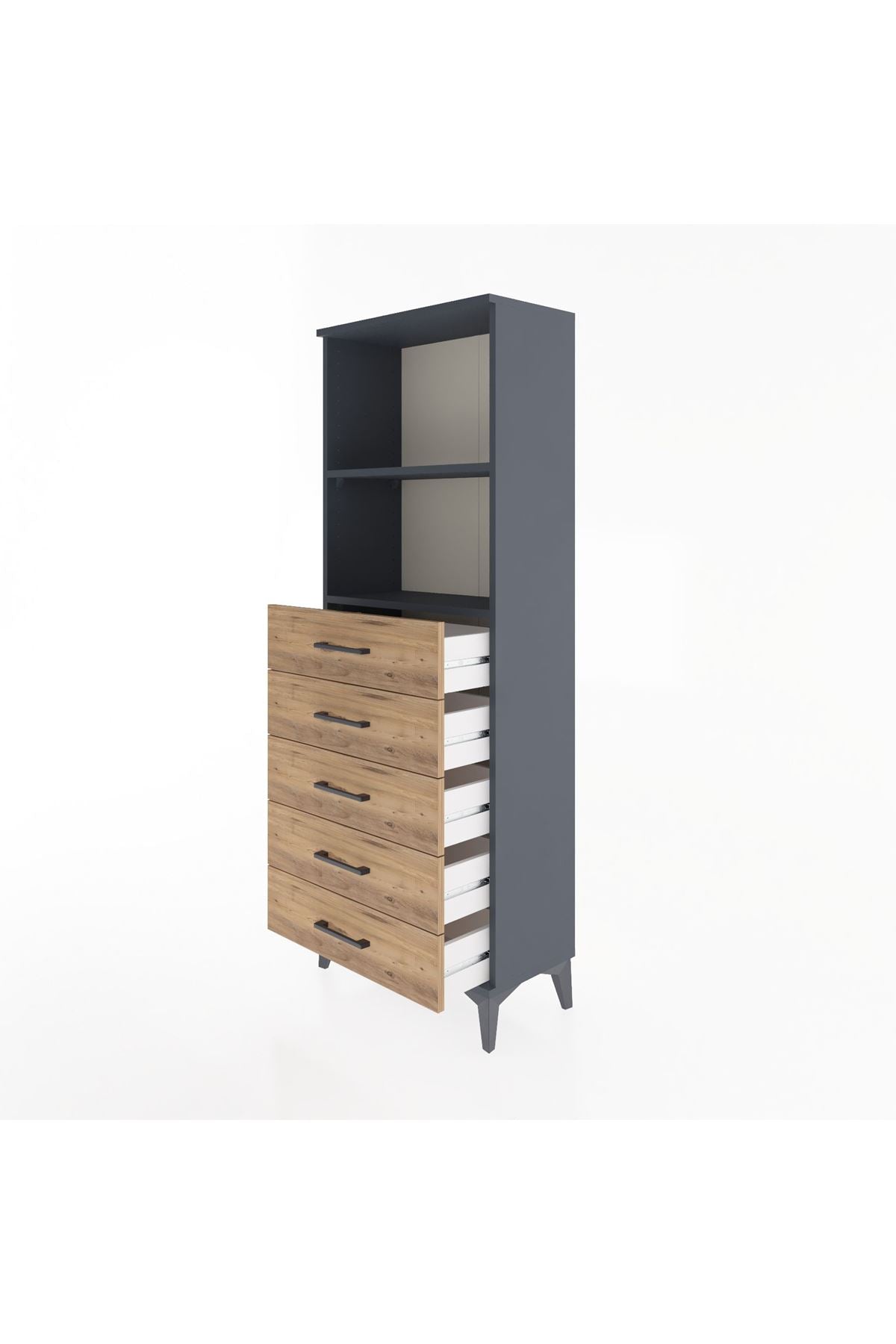 Arges Dolap 2 Raflı 5 Çekmeceli 60x30x163 Antrasit-Çam