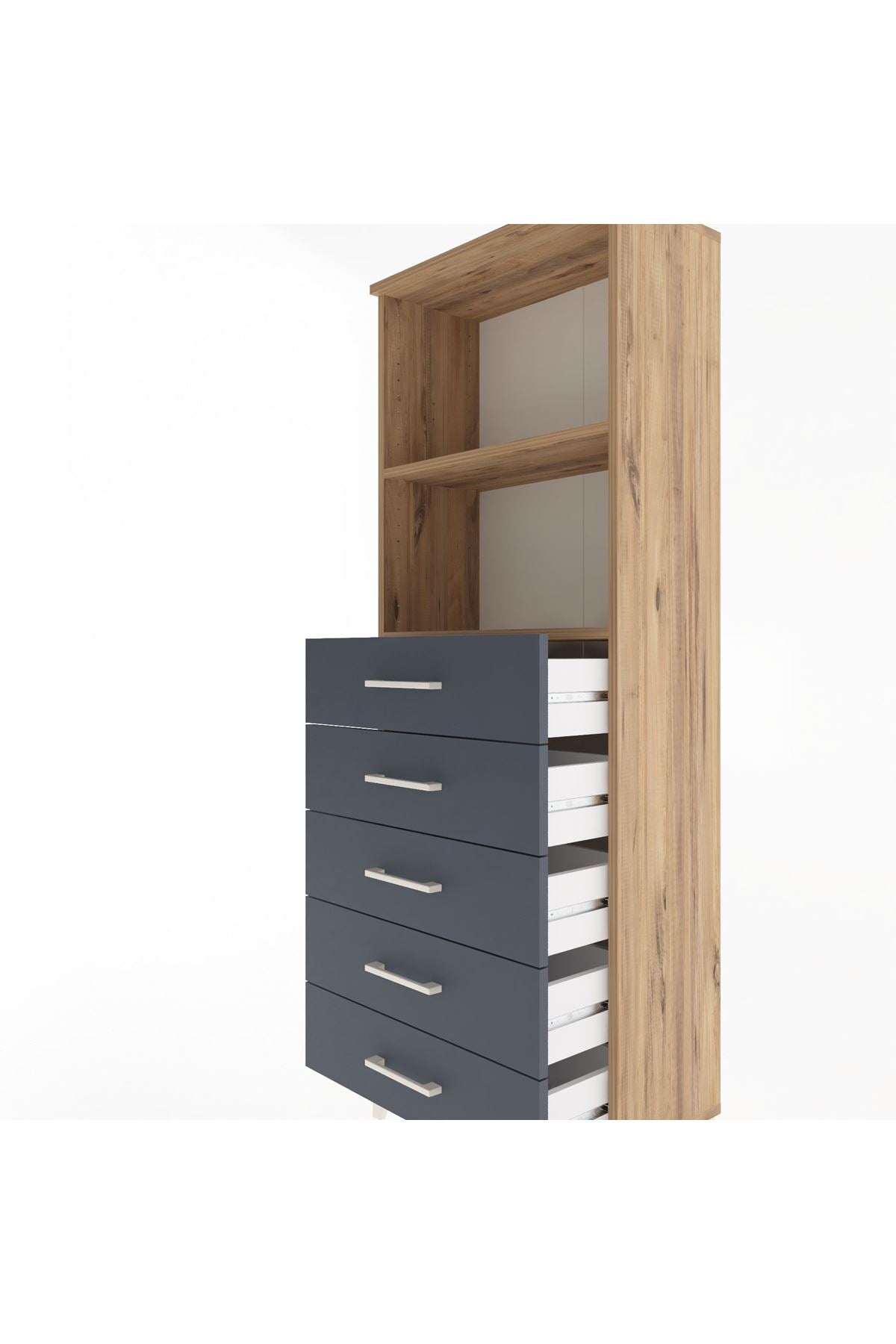 Arges Dolap 2 Raflı 5 Çekmeceli 60x30x163 Çam-Antrasit