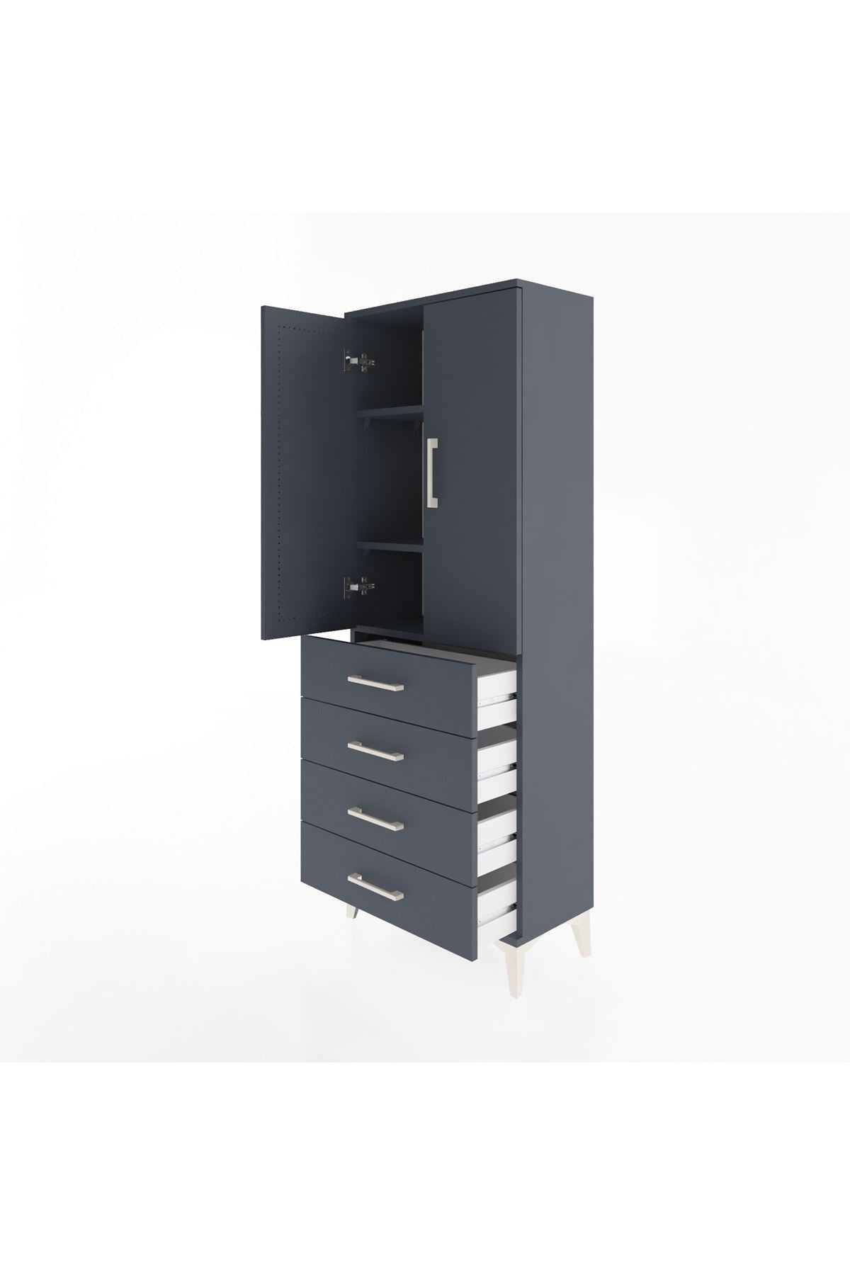 Arges Dolap 3 Raflı 4 Çekmeceli 2 Kapaklı 60x30x163 Antrasit-Antrasit