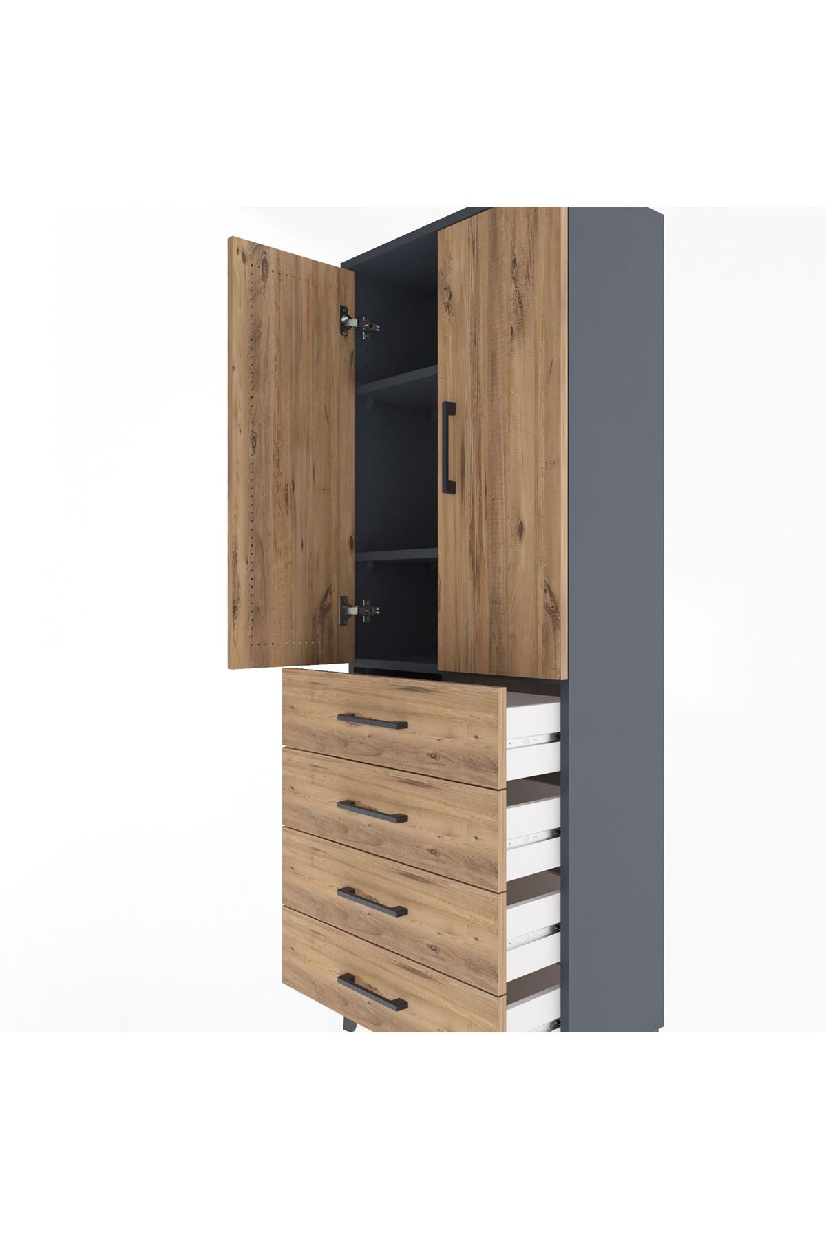 Arges Dolap 3 Raflı 4 Çekmeceli 2 Kapaklı 60x30x163 Antrasit-Çam