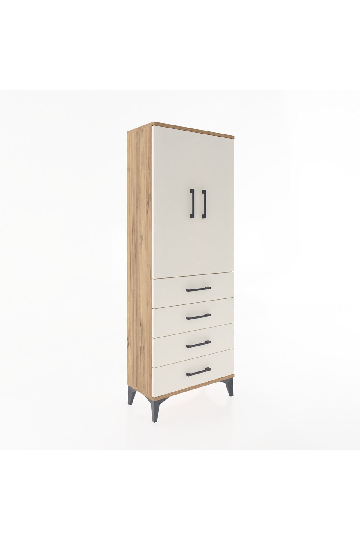 Arges Dolap 3 Raflı 4 Çekmeceli 2 Kapaklı 60x30x163 Çam-Aytaşı