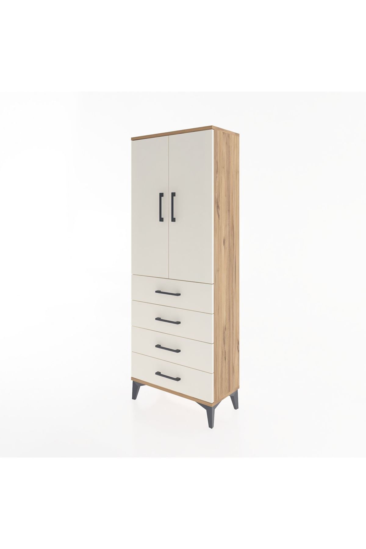Arges Dolap 3 Raflı 4 Çekmeceli 2 Kapaklı 60x30x163 Çam-Aytaşı