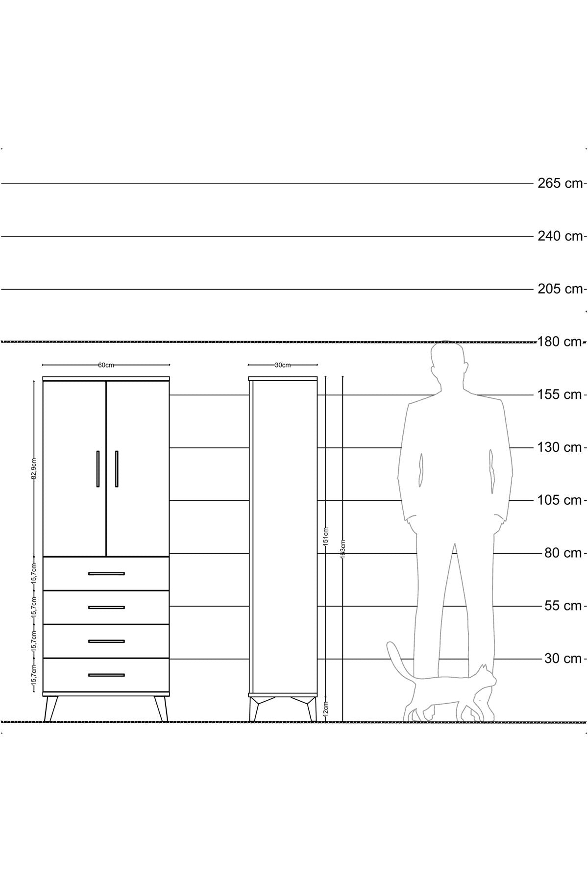 Arges Dolap 3 Raflı 4 Çekmeceli 2 Kapaklı 60x30x163 Çam-Antrasit