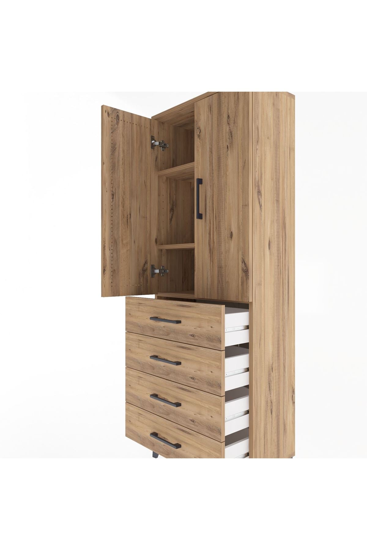 Arges Dolap 3 Raflı 4 Çekmeceli 2 Kapaklı 60x30x163 Çam-Çam