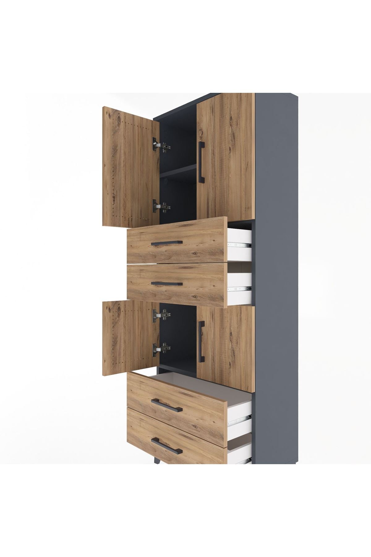 Arges Dolap 3 Raflı 4 Çekmeceli 4 Kapaklı 60x30x163 Antrasit-Çam