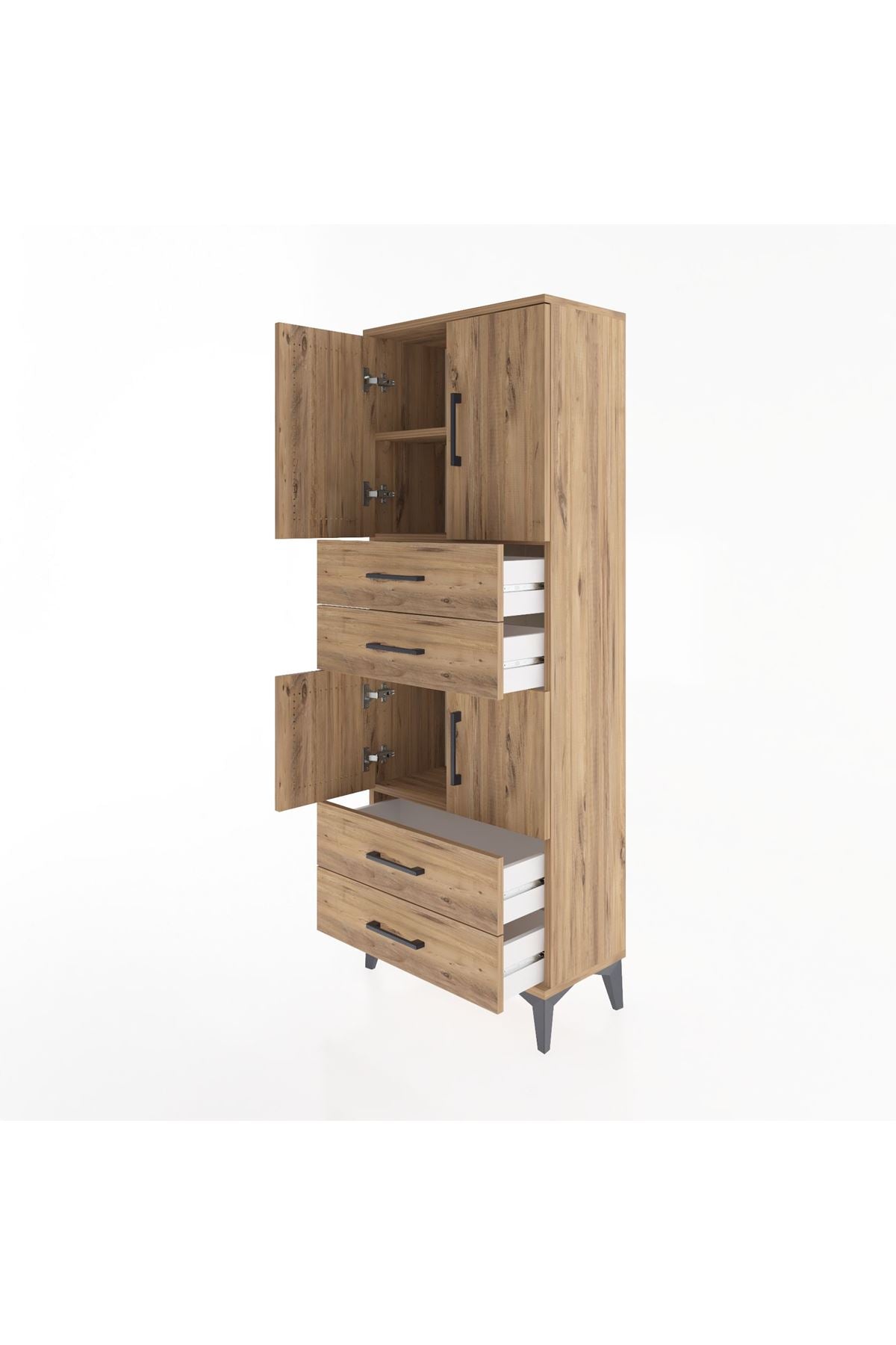 Arges Dolap 3 Raflı 4 Çekmeceli 4 Kapaklı 60x30x163 Çam-Çam