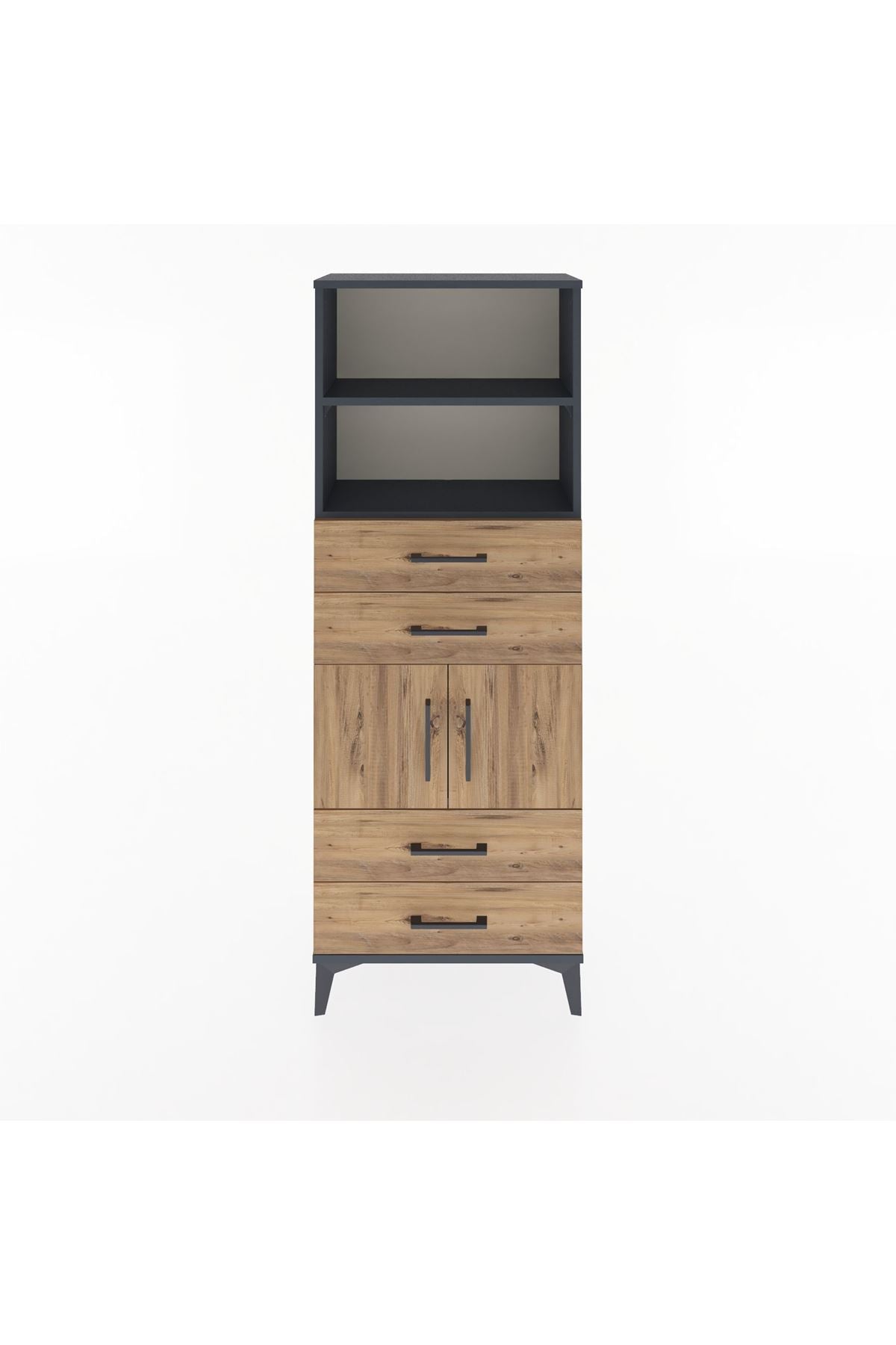 Arges Dolap 3 Raflı 4 Çekmeceli 2 Kapaklı 60x30x163 Antrasit-Çam