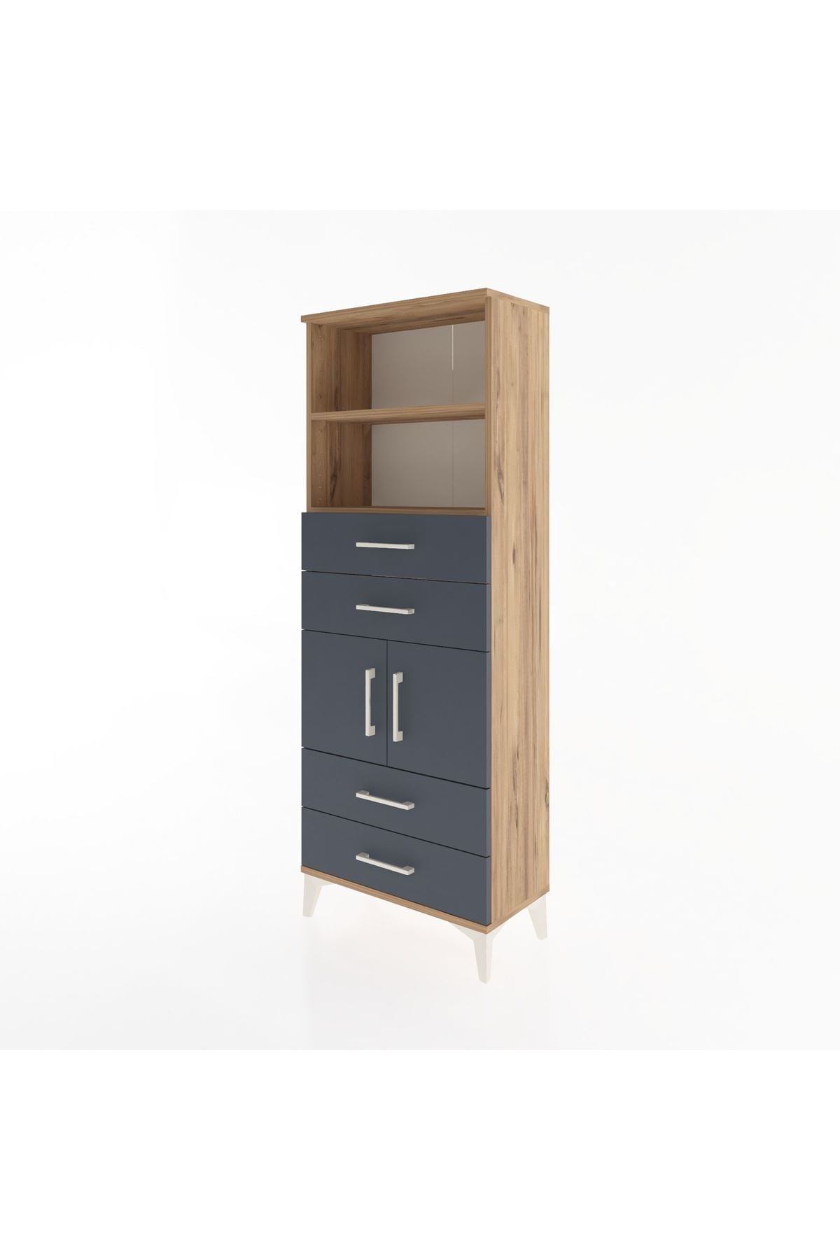 Arges Dolap 3 Raflı 4 Çekmeceli 2 Kapaklı 60x30x163 Çam-Antrasit