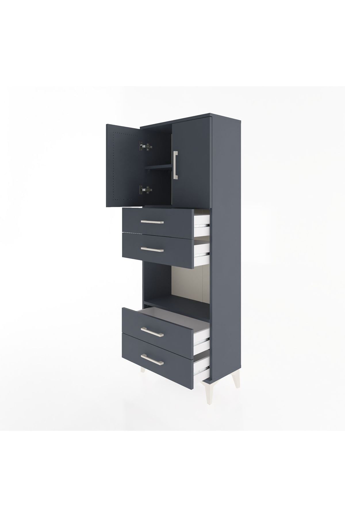 Arges Dolap 3 Raflı 4 Çekmeceli 2 Kapaklı 60x30x163 Antrasit-Antrasit